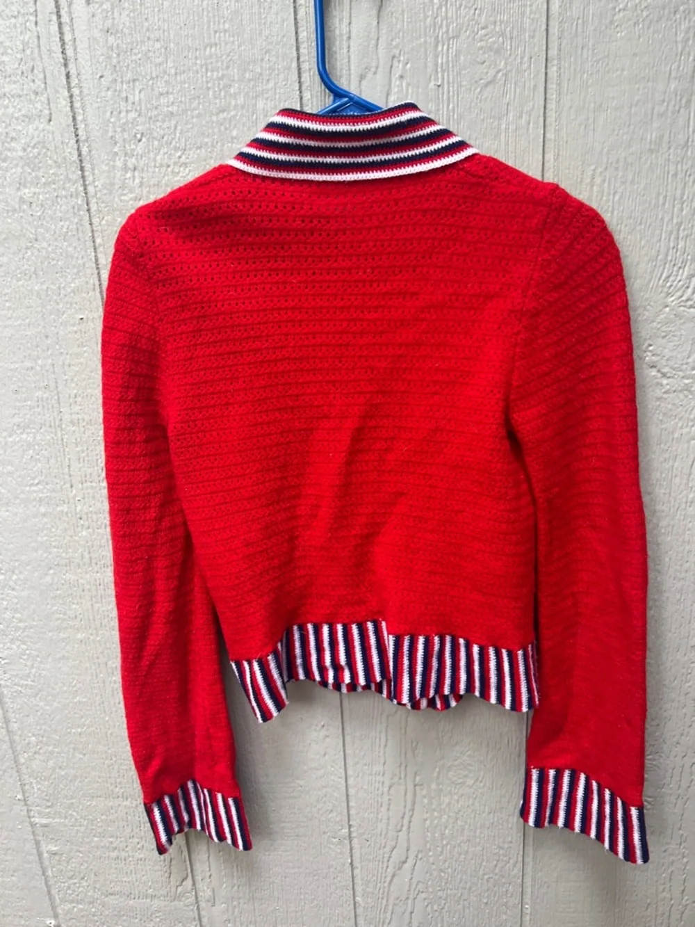 Vintage Red Button-Up Sweater with Striped Trim - Picture 5 of 6